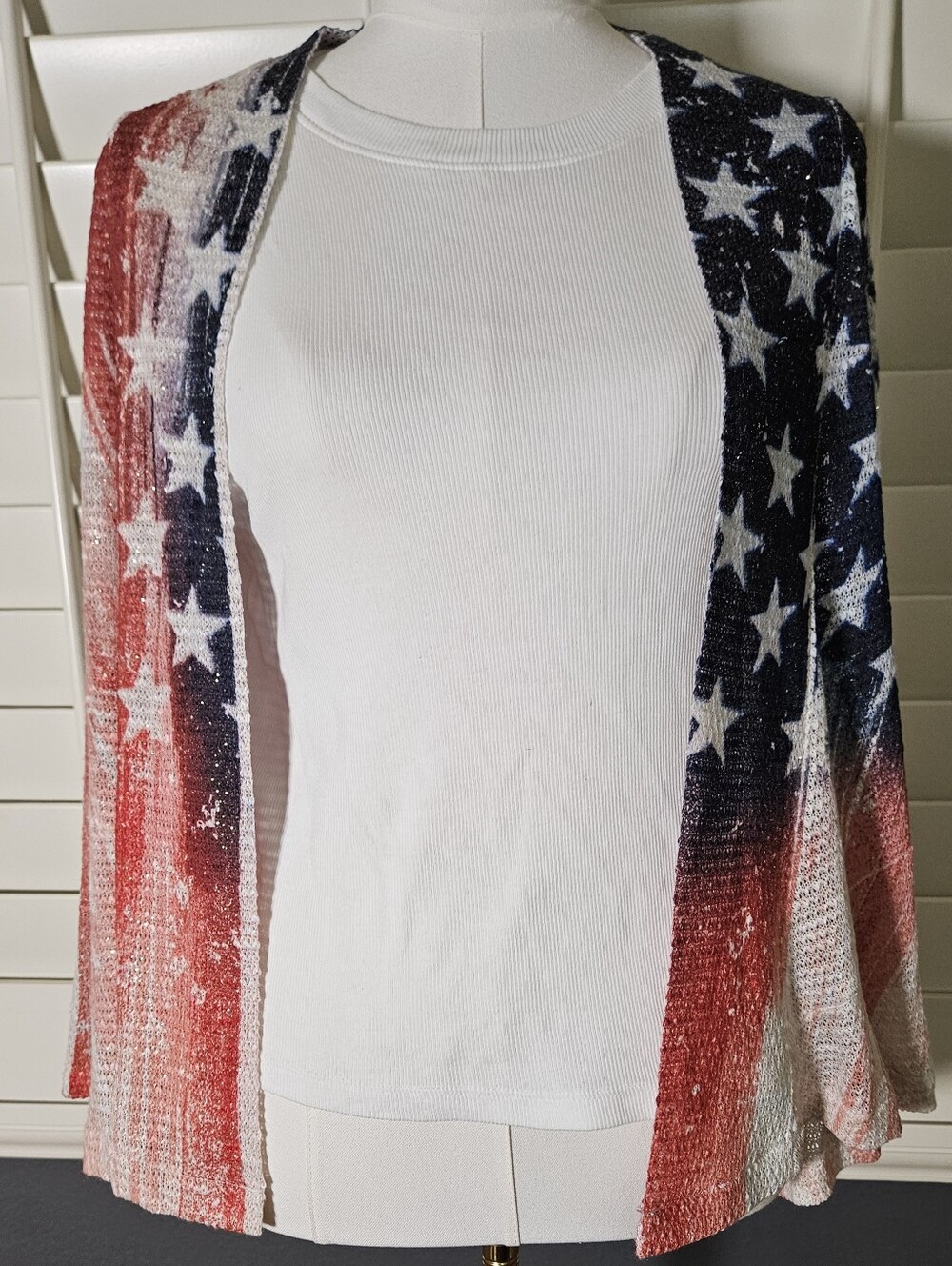 REBA PATRIOTIC AMERICAN FLAG, OPEN KNIT CARDIGAN SWEATER (L) MADE IN THE USA